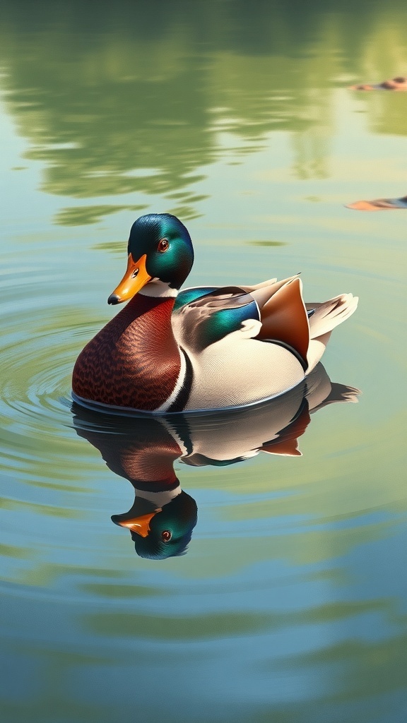 A colorful duck painting on a pond with reflections and greenery.